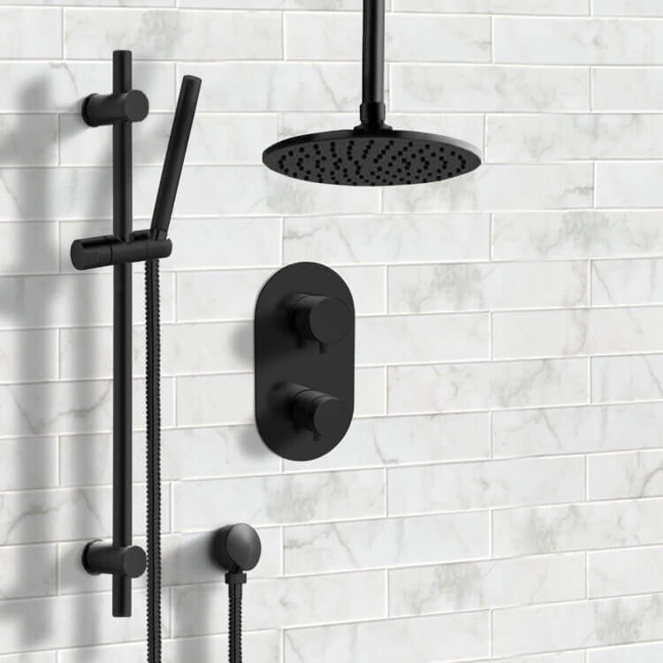 Remer SFR60 Matte Black Thermostatic Ceiling Shower System with 8 Inch Rain Shower Head and Hand Shower